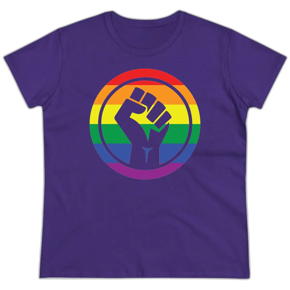 Raised fist silhouette on rainbow pride stripes within circular badge design symbolizing LGBTQ+ solidarity and activism in Purple