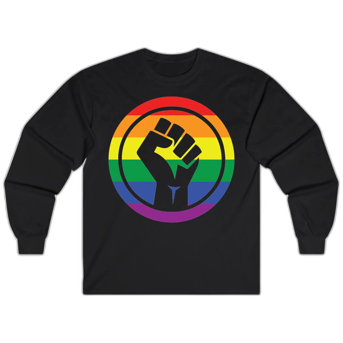 Raised fist silhouette on rainbow pride stripes within circular badge design symbolizing LGBTQ+ solidarity and activism in Black