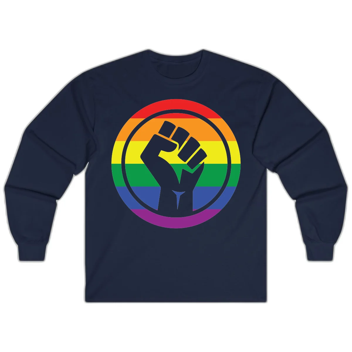 Raised fist silhouette on rainbow pride stripes within circular badge design symbolizing LGBTQ+ solidarity and activism in Navy