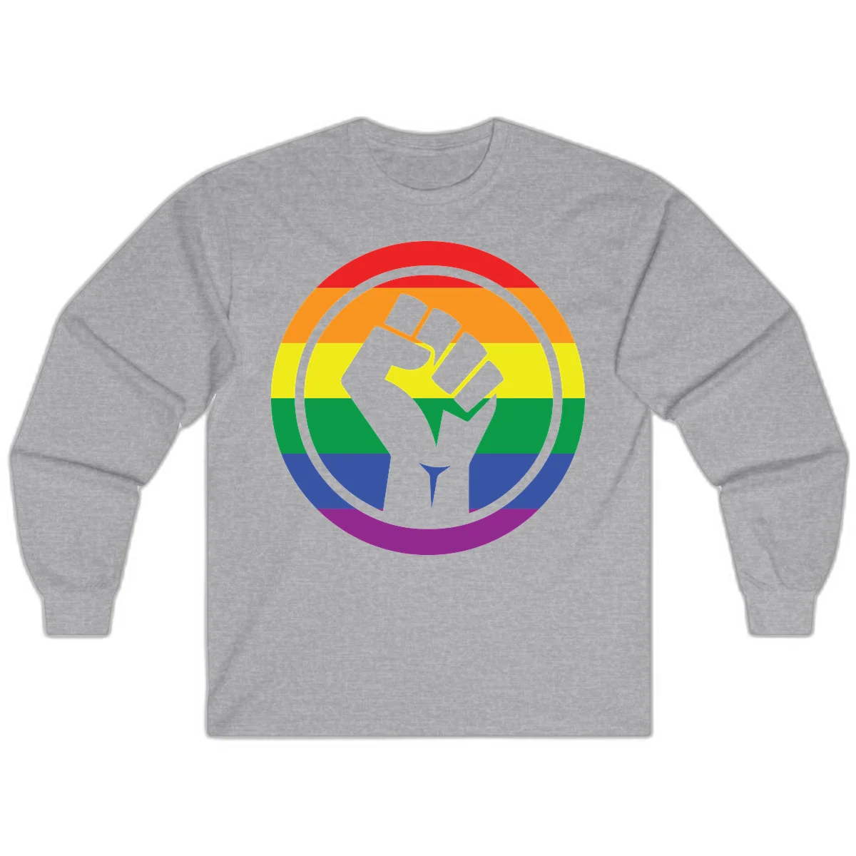 Raised fist silhouette on rainbow pride stripes within circular badge design symbolizing LGBTQ+ solidarity and activism in Sport Grey