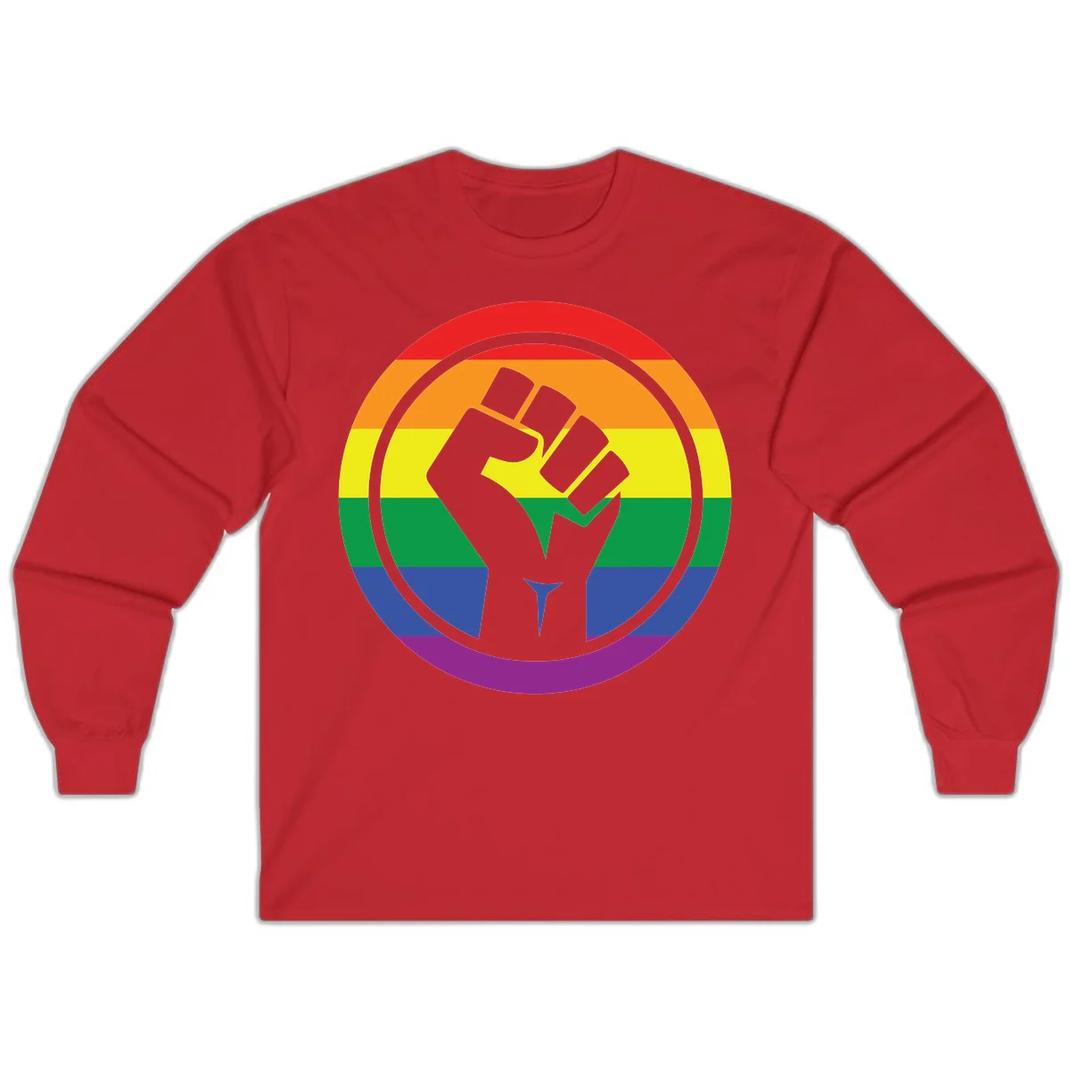 Raised fist silhouette on rainbow pride stripes within circular badge design symbolizing LGBTQ+ solidarity and activism in Red
