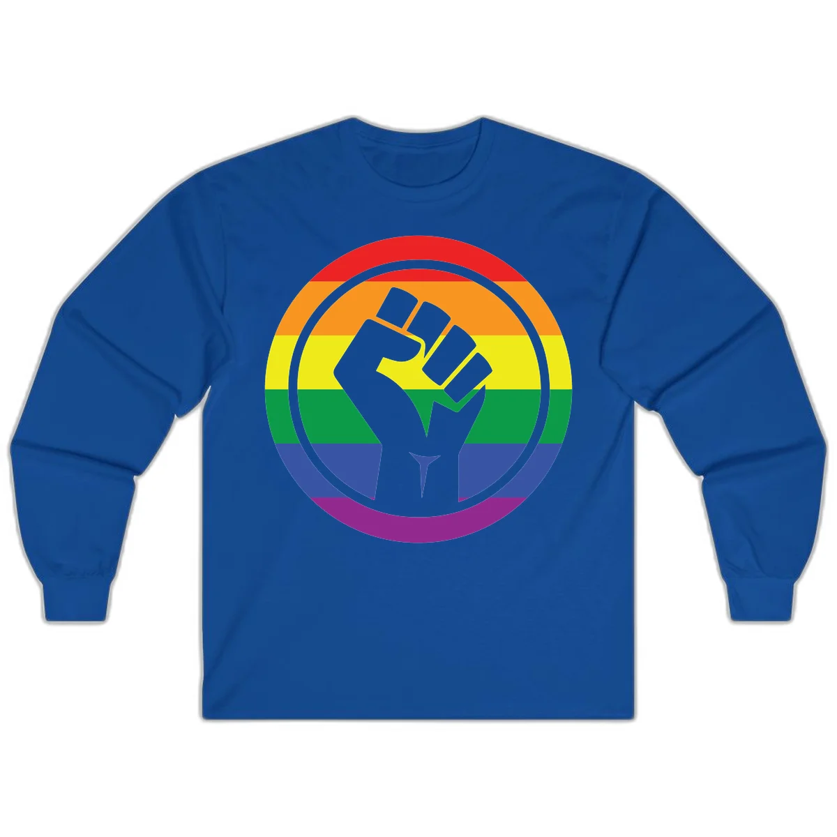 Raised fist silhouette on rainbow pride stripes within circular badge design symbolizing LGBTQ+ solidarity and activism in Royal