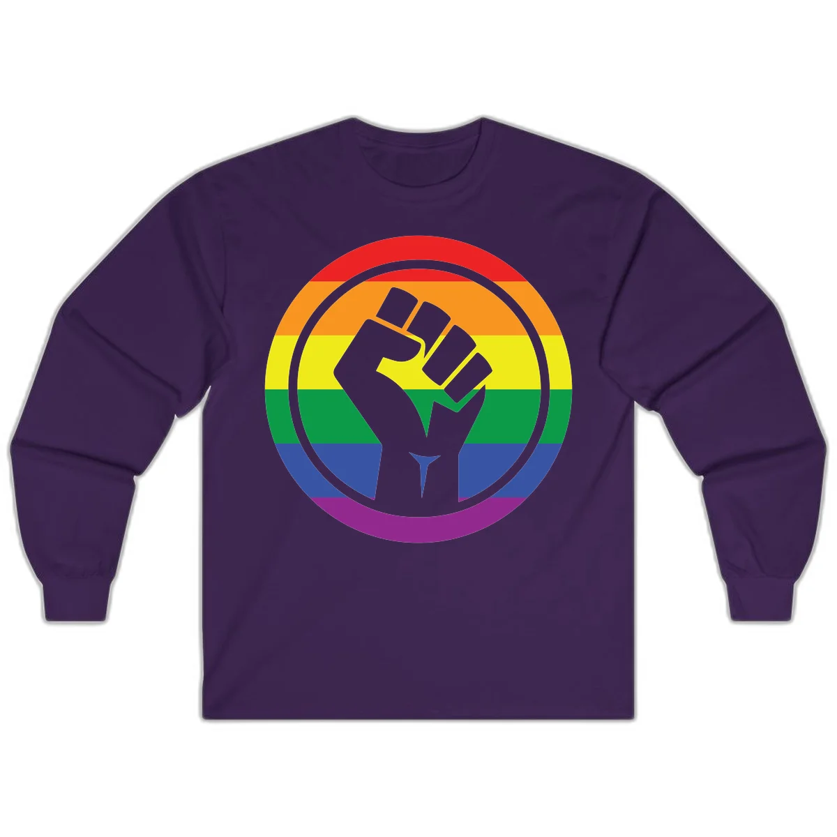 Raised fist silhouette on rainbow pride stripes within circular badge design symbolizing LGBTQ+ solidarity and activism in Purple