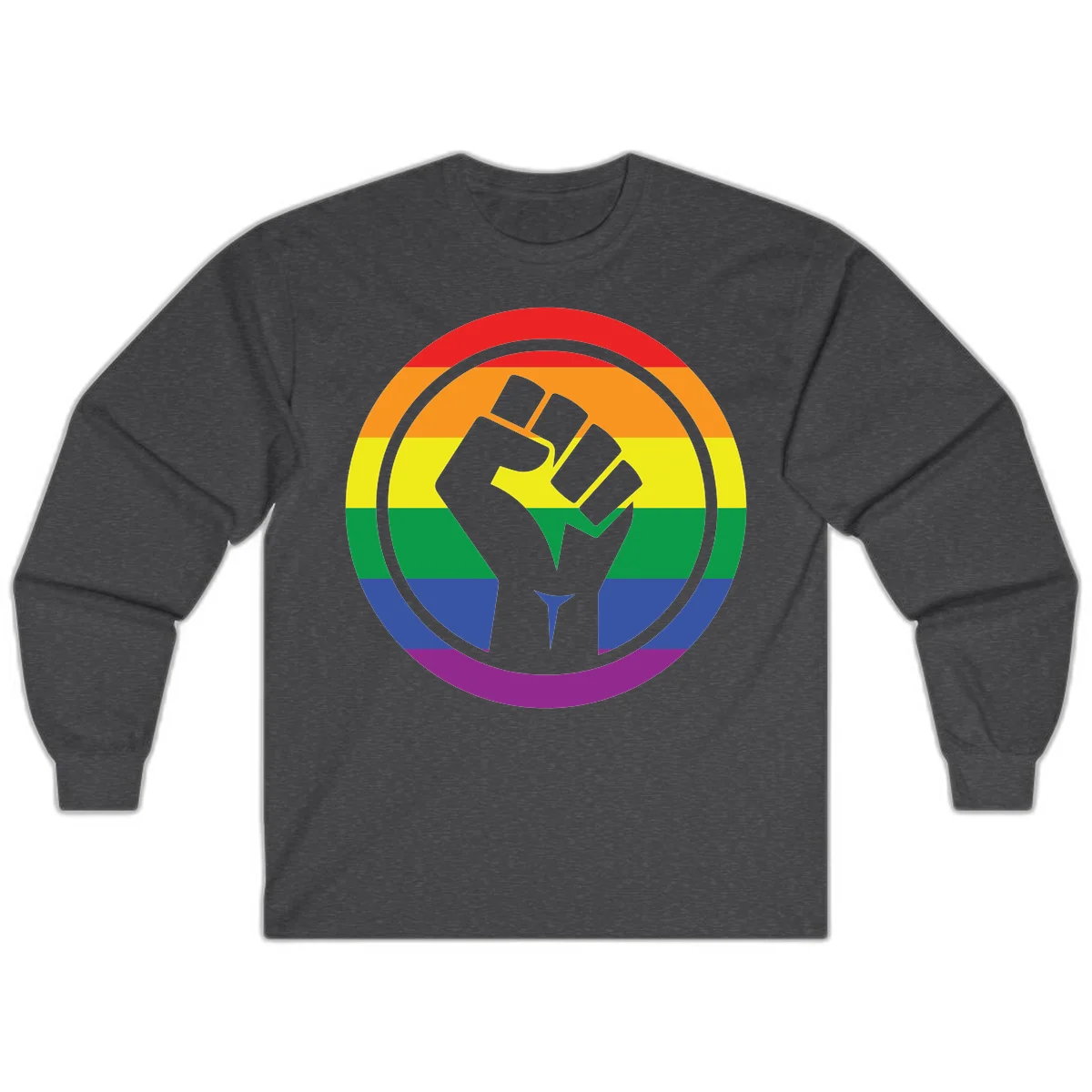 Raised fist silhouette on rainbow pride stripes within circular badge design symbolizing LGBTQ+ solidarity and activism in Dark Heather