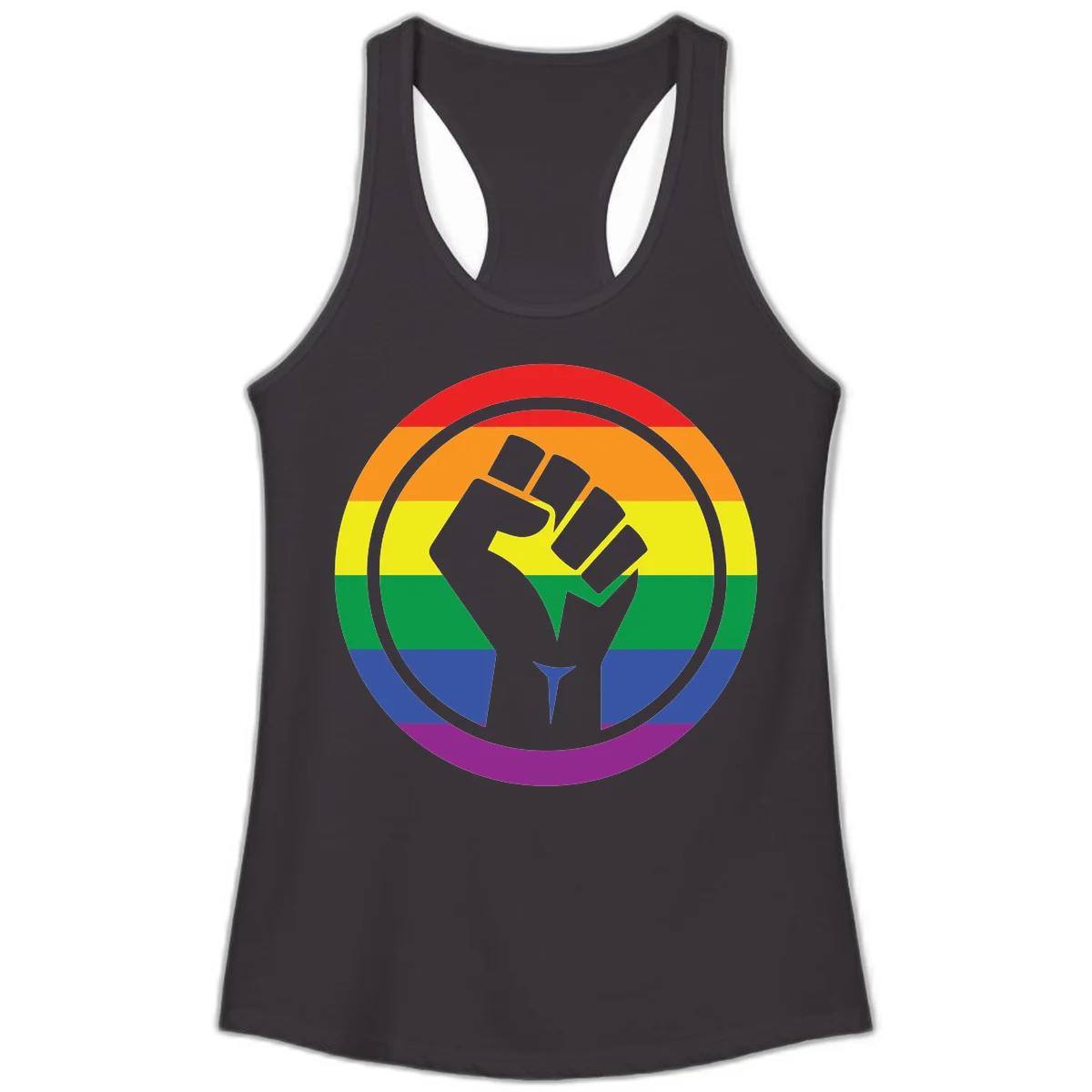 Raised fist silhouette on rainbow pride stripes within circular badge design symbolizing LGBTQ+ solidarity and activism in Black