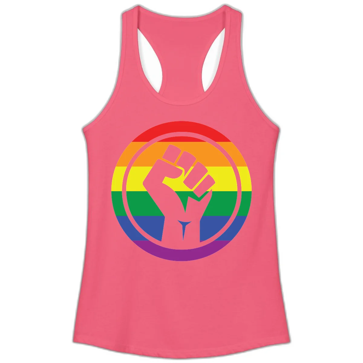 Raised fist silhouette on rainbow pride stripes within circular badge design symbolizing LGBTQ+ solidarity and activism in Hot Pink