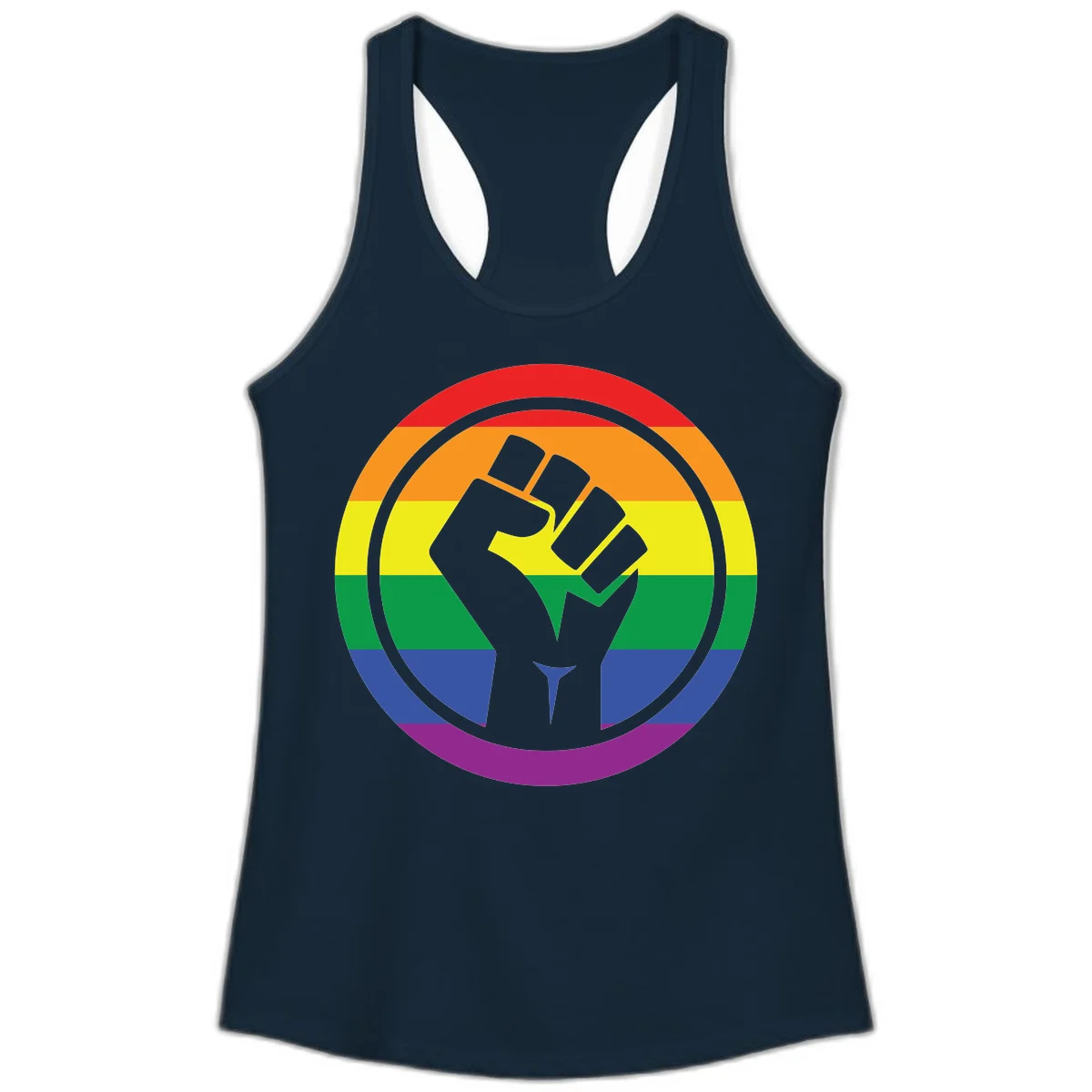 Raised fist silhouette on rainbow pride stripes within circular badge design symbolizing LGBTQ+ solidarity and activism in Solid Midnight Navy