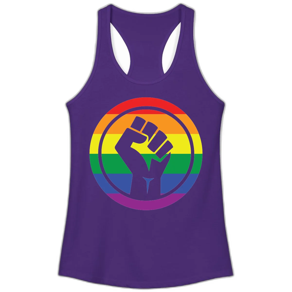 Raised fist silhouette on rainbow pride stripes within circular badge design symbolizing LGBTQ+ solidarity and activism in Solid Purple Rush