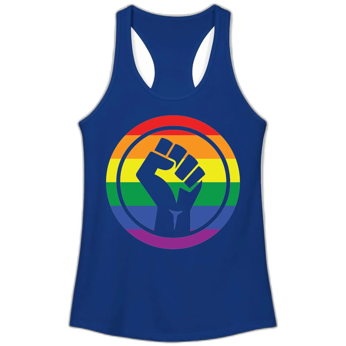 Raised fist silhouette on rainbow pride stripes within circular badge design symbolizing LGBTQ+ solidarity and activism in Solid Royal