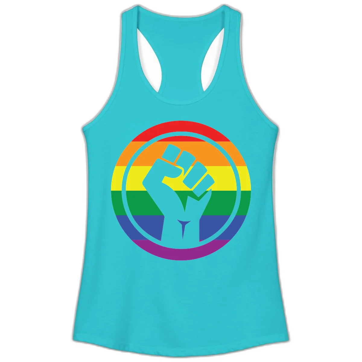 Raised fist silhouette on rainbow pride stripes within circular badge design symbolizing LGBTQ+ solidarity and activism in Solid Tahiti Blue