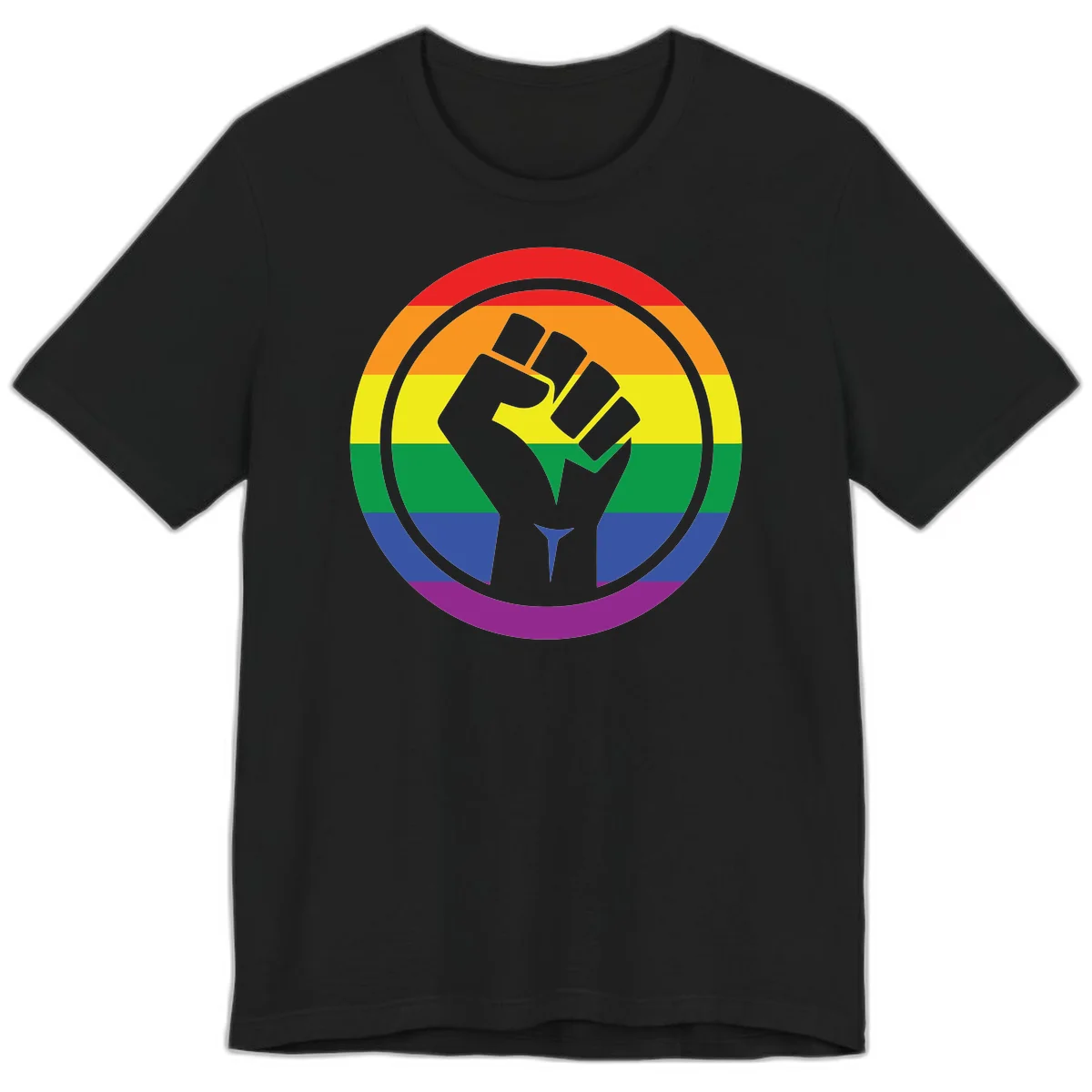 Raised fist silhouette on rainbow pride stripes within circular badge design symbolizing LGBTQ+ solidarity and activism in Black
