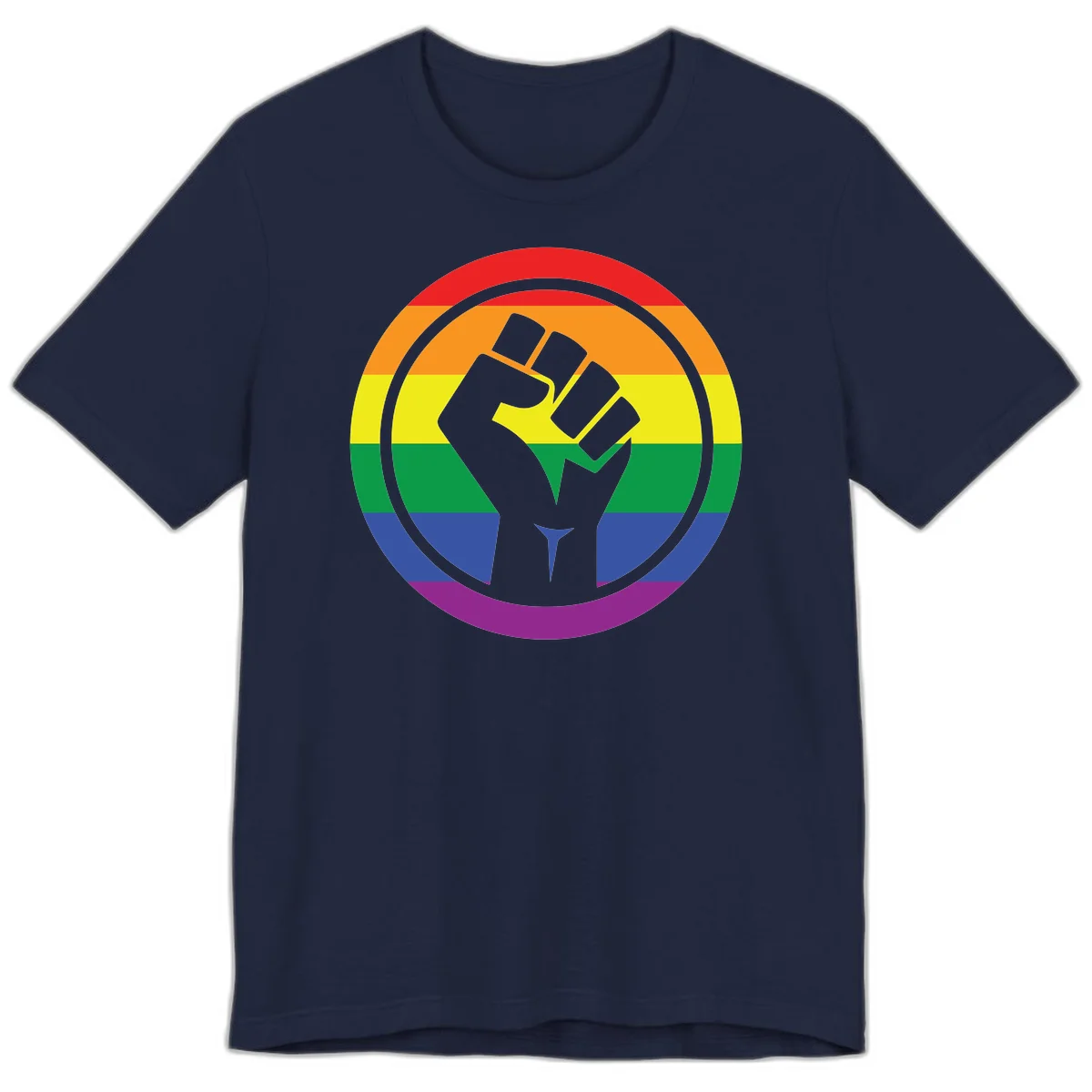 Raised fist silhouette on rainbow pride stripes within circular badge design symbolizing LGBTQ+ solidarity and activism in Navy