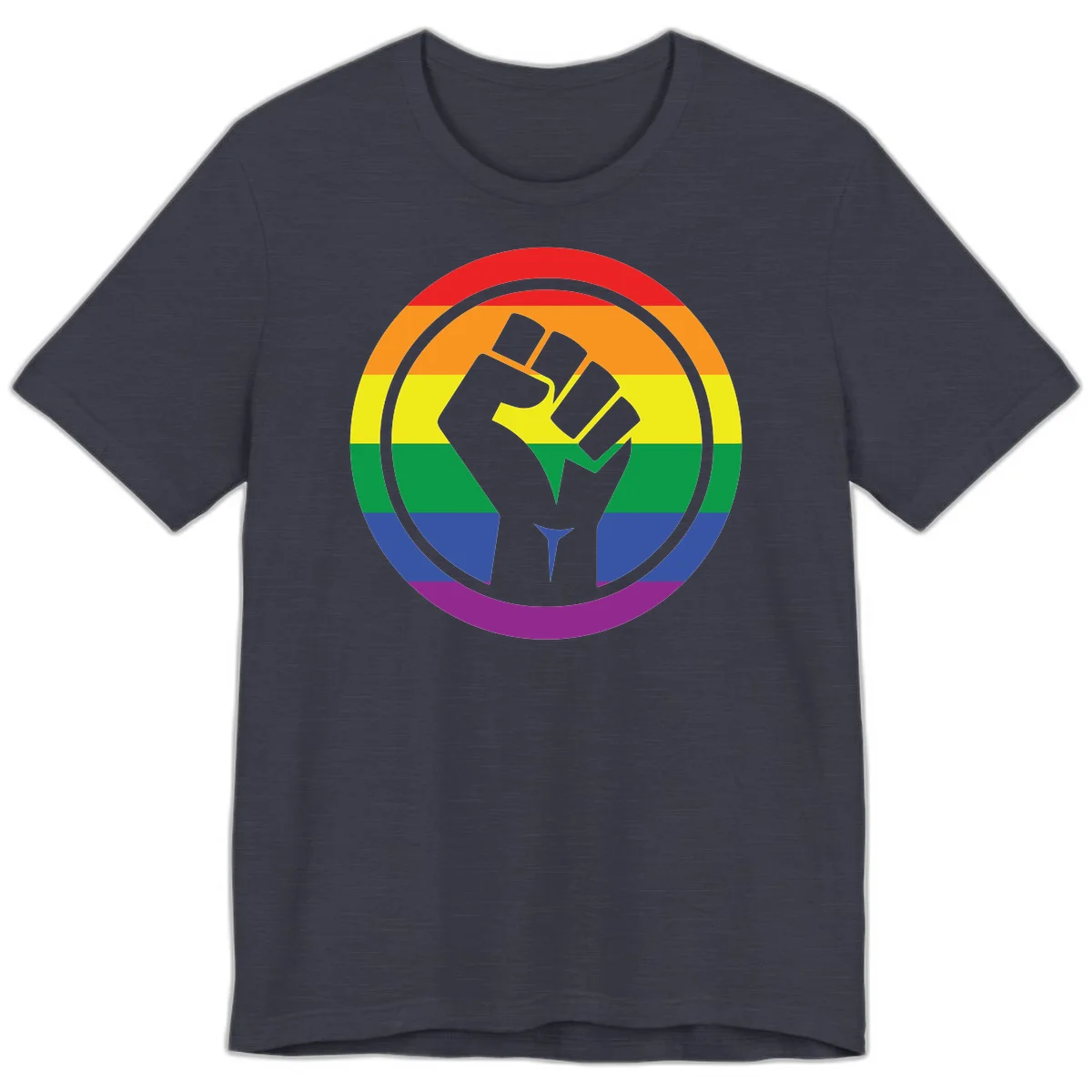 Raised fist silhouette on rainbow pride stripes within circular badge design symbolizing LGBTQ+ solidarity and activism in Heather Midnight Navy