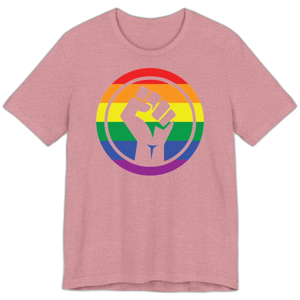 Raised fist silhouette on rainbow pride stripes within circular badge design symbolizing LGBTQ+ solidarity and activism in Heather Orchid