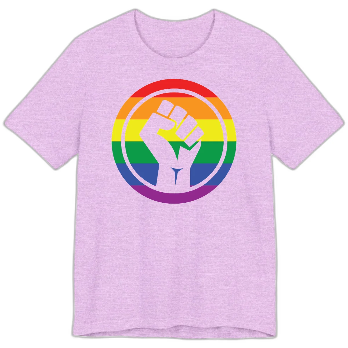 Raised fist silhouette on rainbow pride stripes within circular badge design symbolizing LGBTQ+ solidarity and activism in Heather Prism Lilac