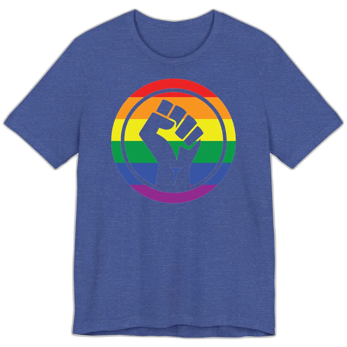 Raised fist silhouette on rainbow pride stripes within circular badge design symbolizing LGBTQ+ solidarity and activism in Heather True Royal