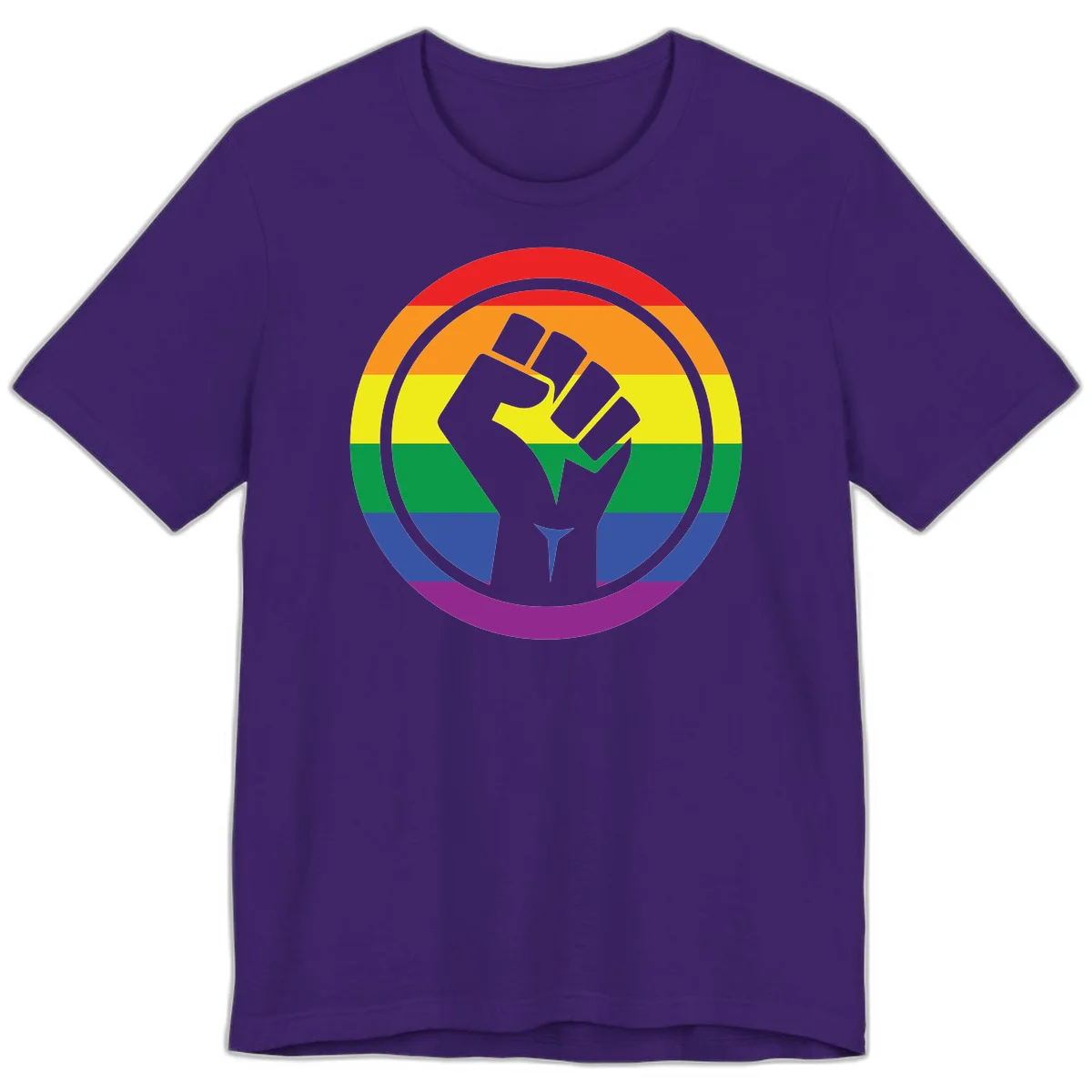 Raised fist silhouette on rainbow pride stripes within circular badge design symbolizing LGBTQ+ solidarity and activism in Team Purple