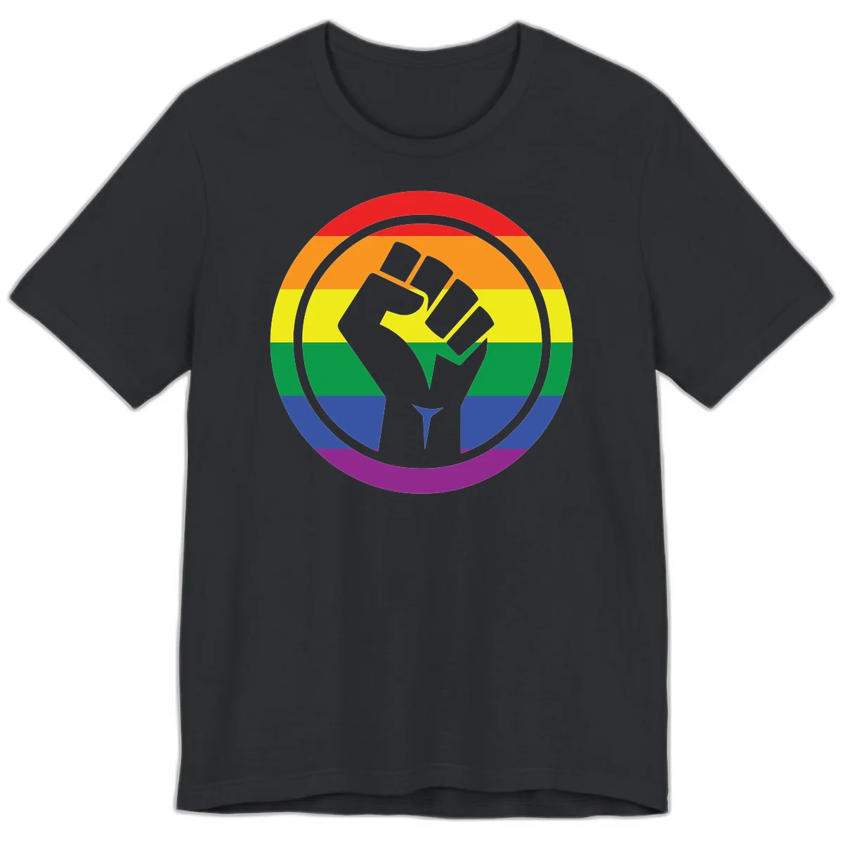 Raised fist silhouette on rainbow pride stripes within circular badge design symbolizing LGBTQ+ solidarity and activism in Vintage Black