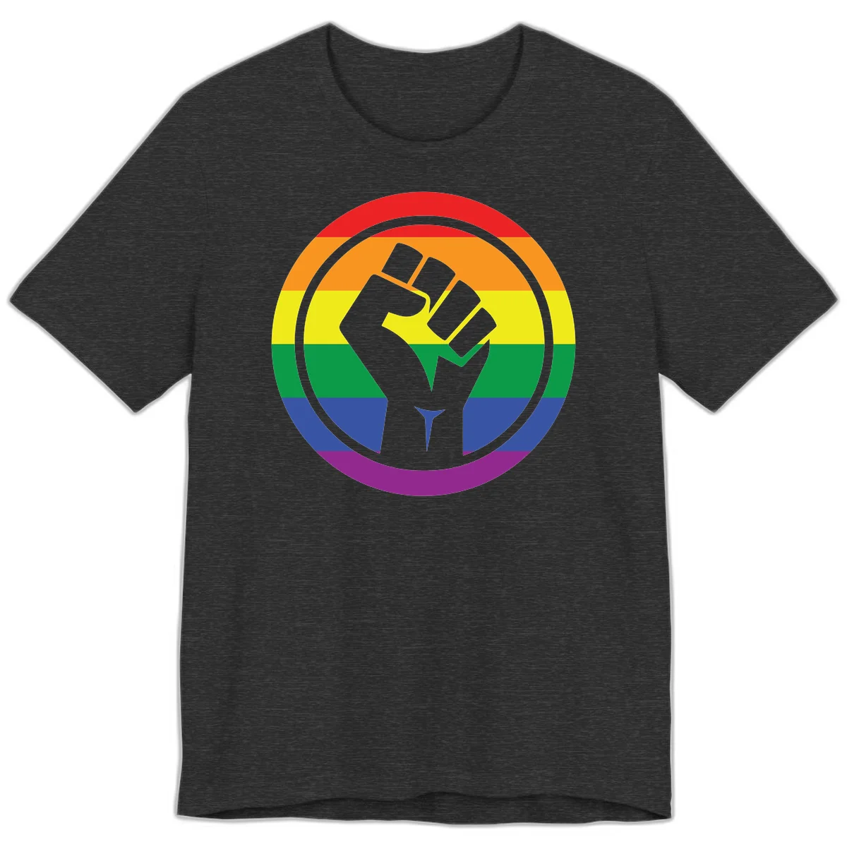 Raised fist silhouette on rainbow pride stripes within circular badge design symbolizing LGBTQ+ solidarity and activism in Dark Grey Heather