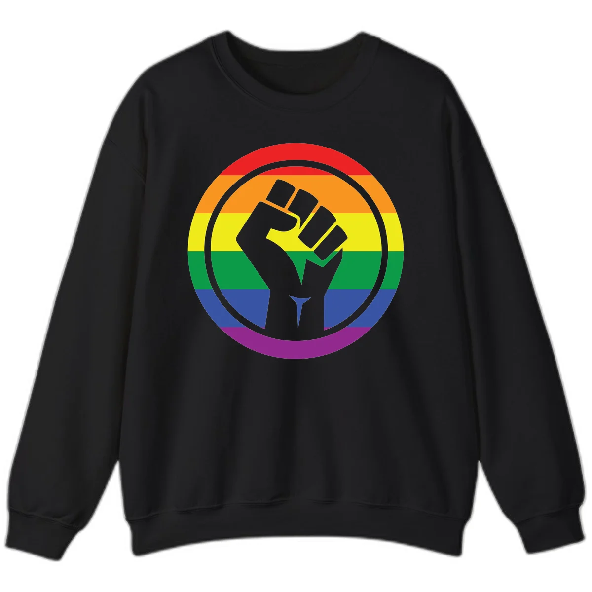 Raised fist silhouette on rainbow pride stripes within circular badge design symbolizing LGBTQ+ solidarity and activism in Black