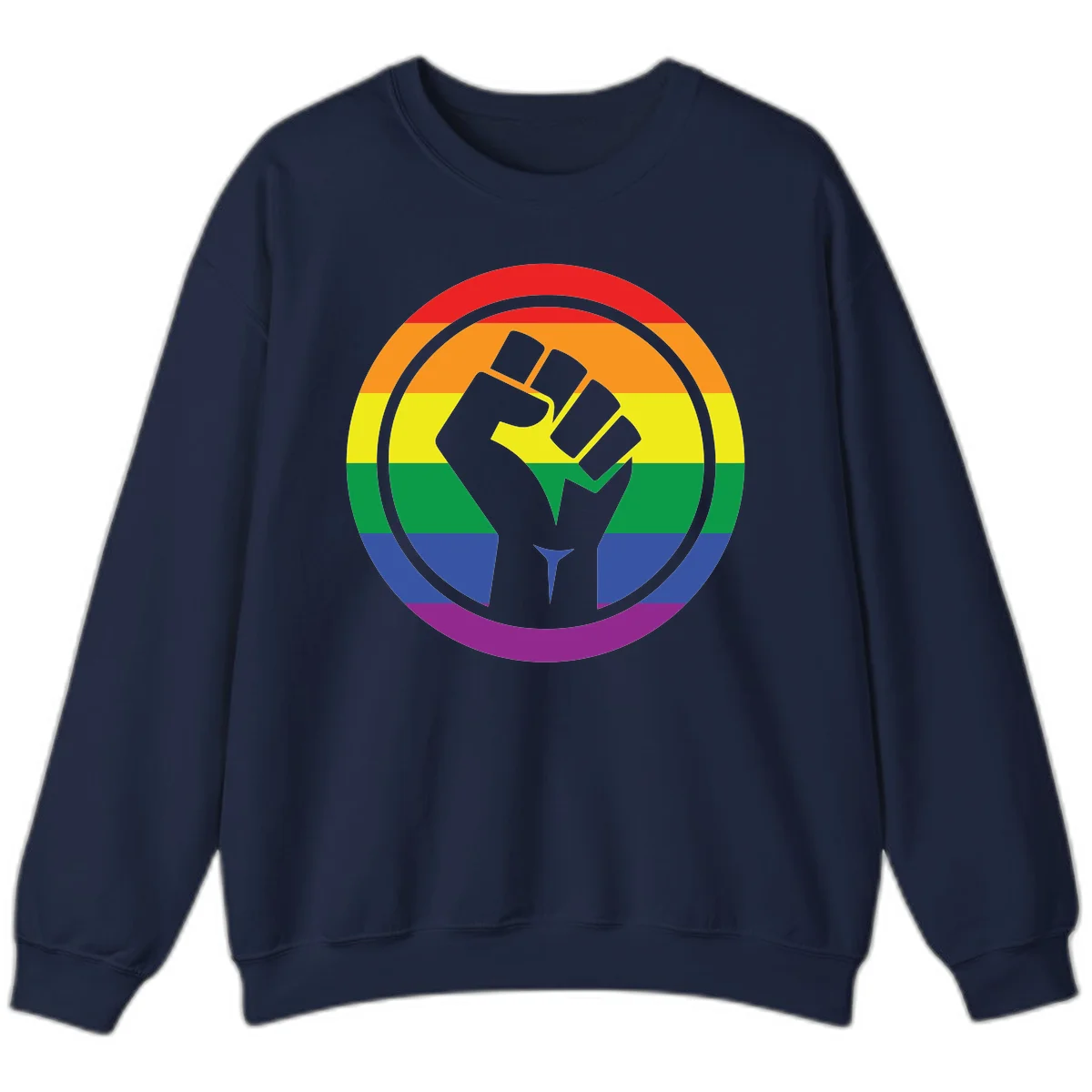 Raised fist silhouette on rainbow pride stripes within circular badge design symbolizing LGBTQ+ solidarity and activism in Navy