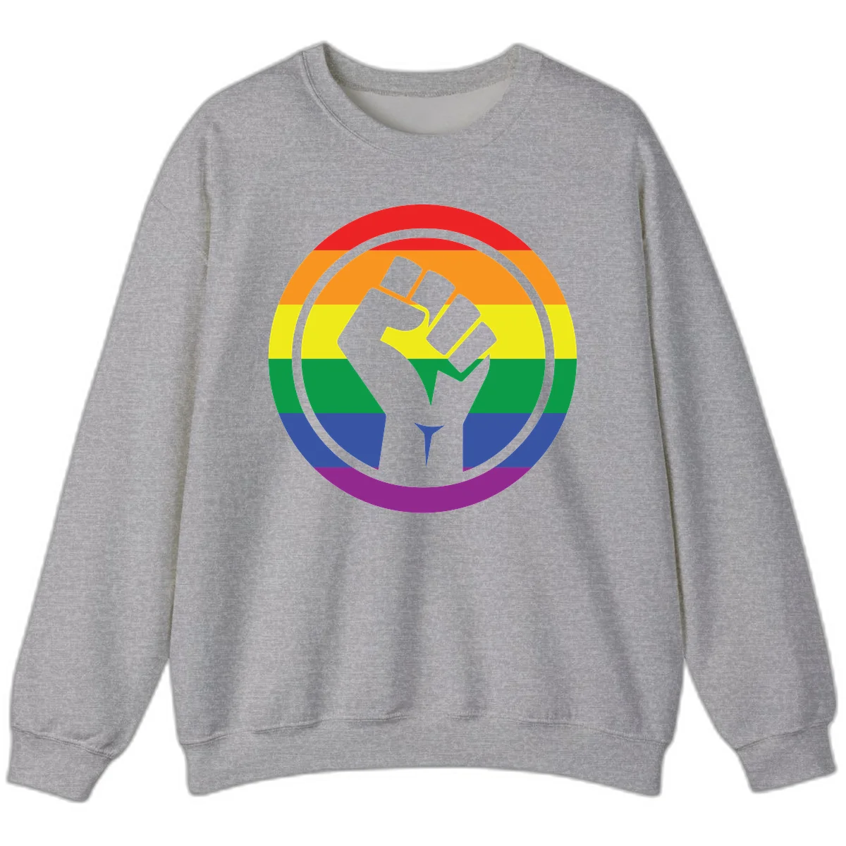 Raised fist silhouette on rainbow pride stripes within circular badge design symbolizing LGBTQ+ solidarity and activism in Sport Grey