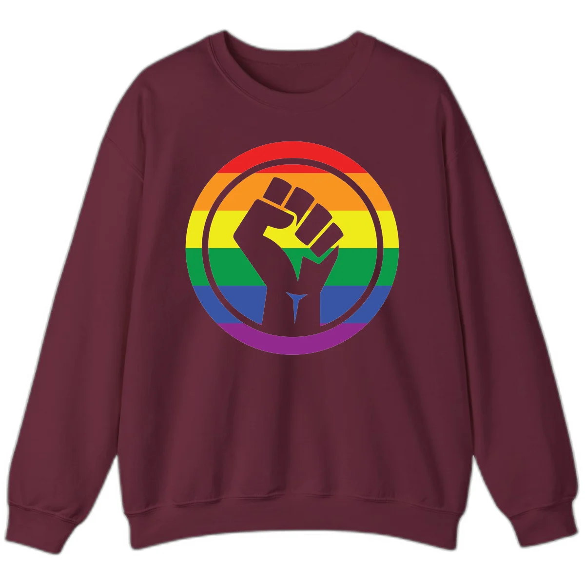 Raised fist silhouette on rainbow pride stripes within circular badge design symbolizing LGBTQ+ solidarity and activism in Maroon