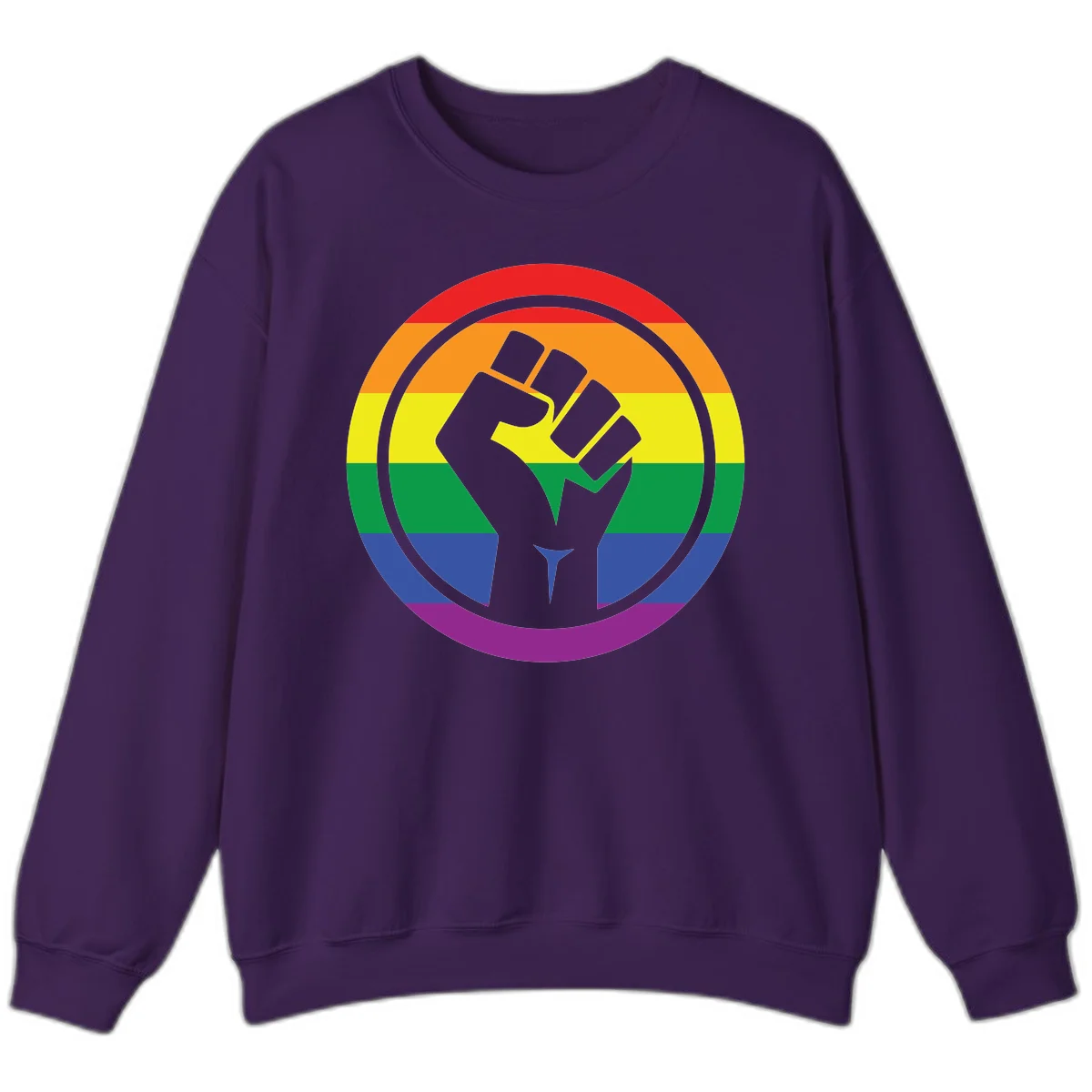 Raised fist silhouette on rainbow pride stripes within circular badge design symbolizing LGBTQ+ solidarity and activism in Purple