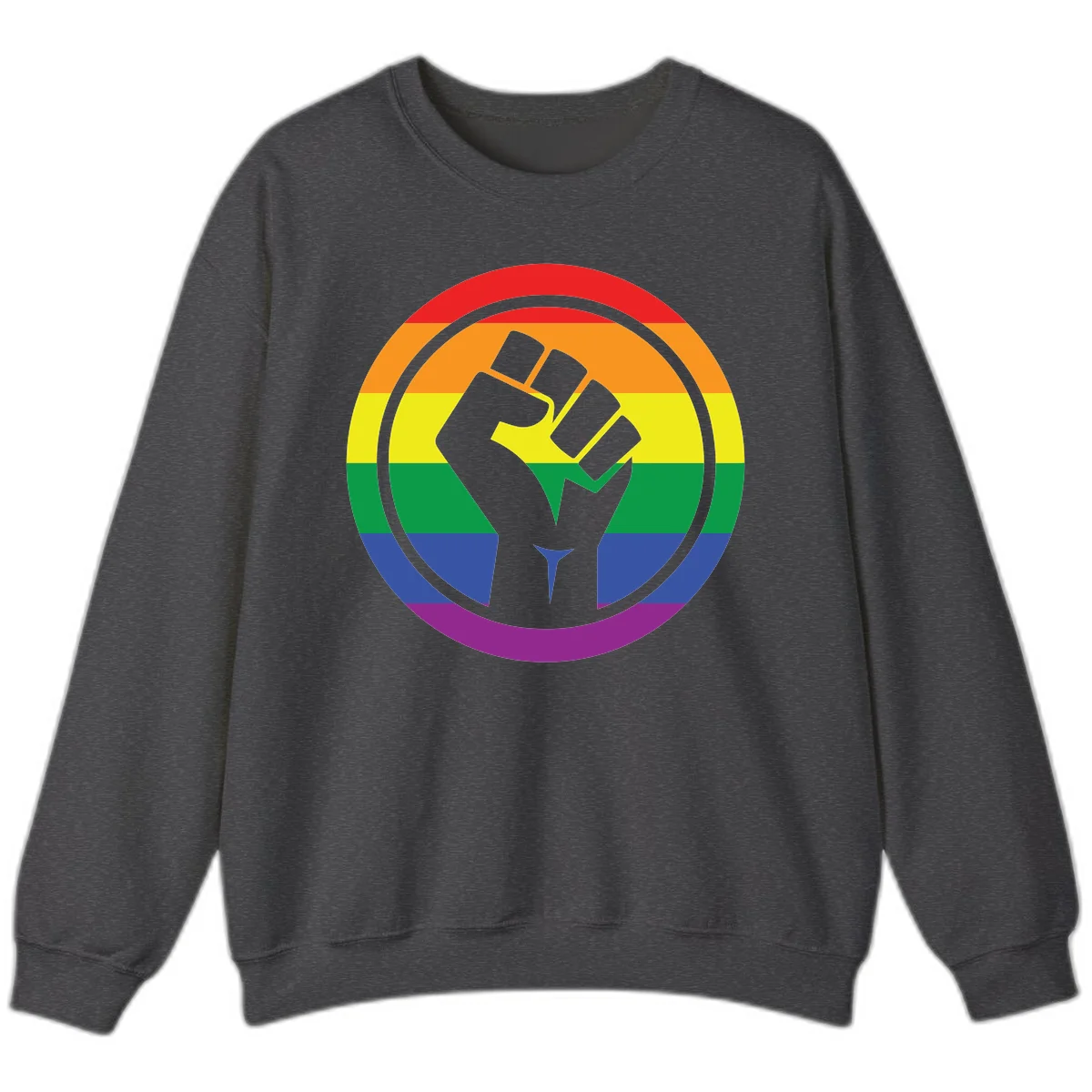 Raised fist silhouette on rainbow pride stripes within circular badge design symbolizing LGBTQ+ solidarity and activism in Dark Heather