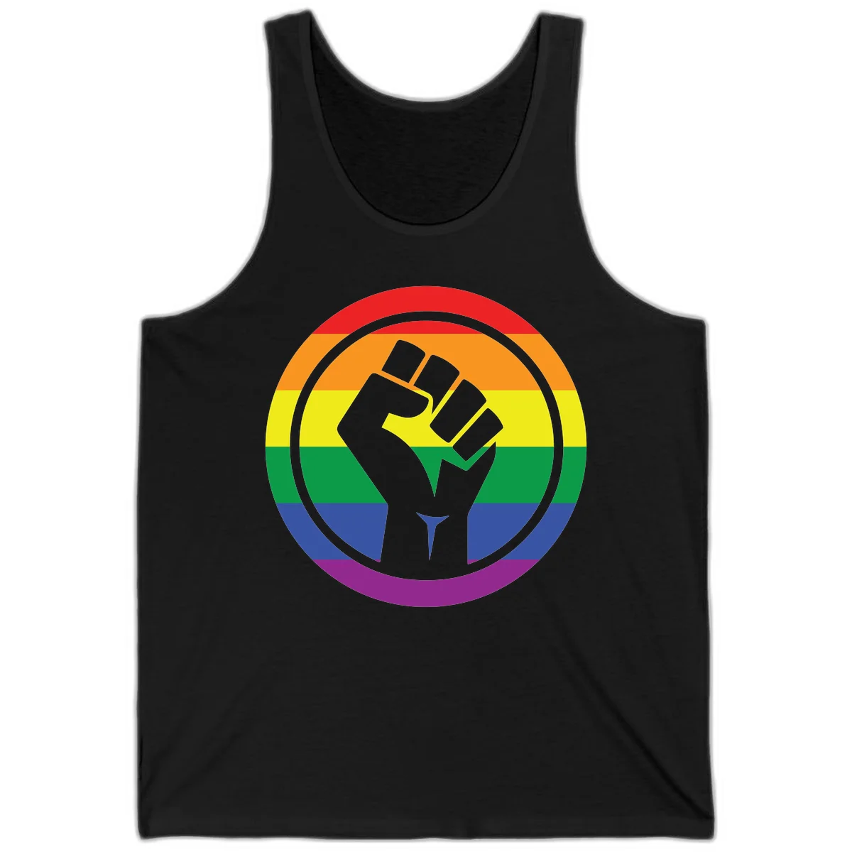 Raised fist silhouette on rainbow pride stripes within circular badge design symbolizing LGBTQ+ solidarity and activism in Black
