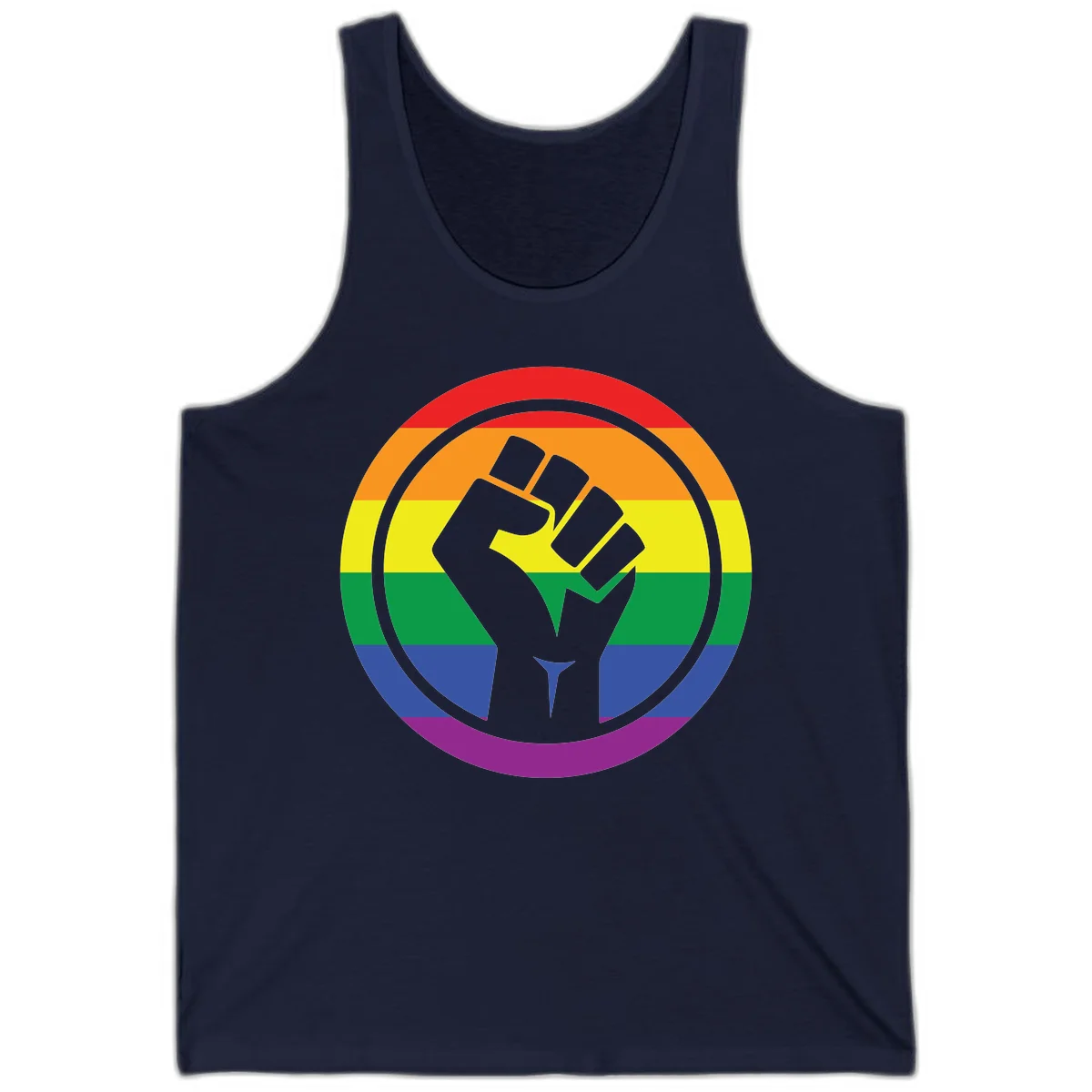 Raised fist silhouette on rainbow pride stripes within circular badge design symbolizing LGBTQ+ solidarity and activism in Navy