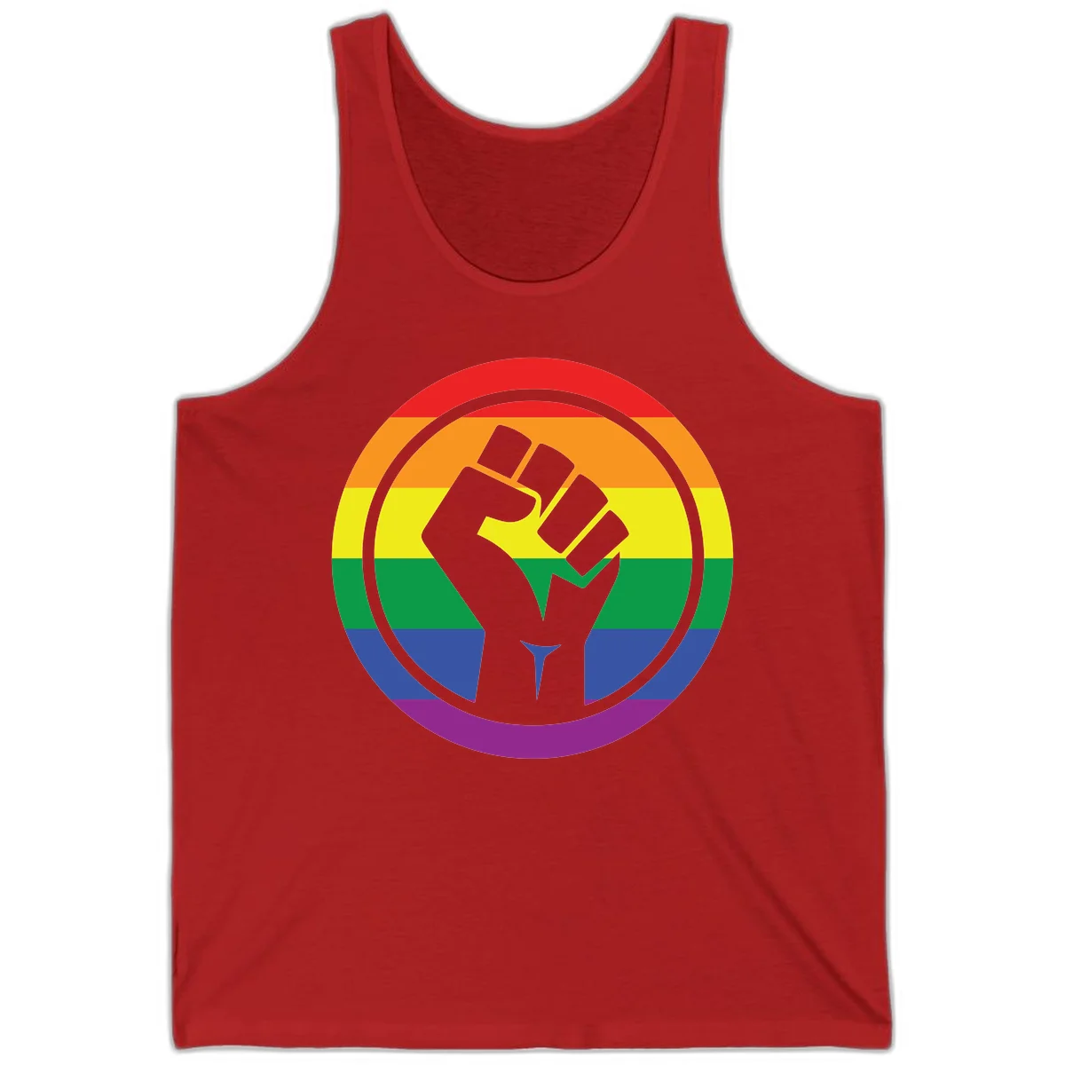 Raised fist silhouette on rainbow pride stripes within circular badge design symbolizing LGBTQ+ solidarity and activism in Red
