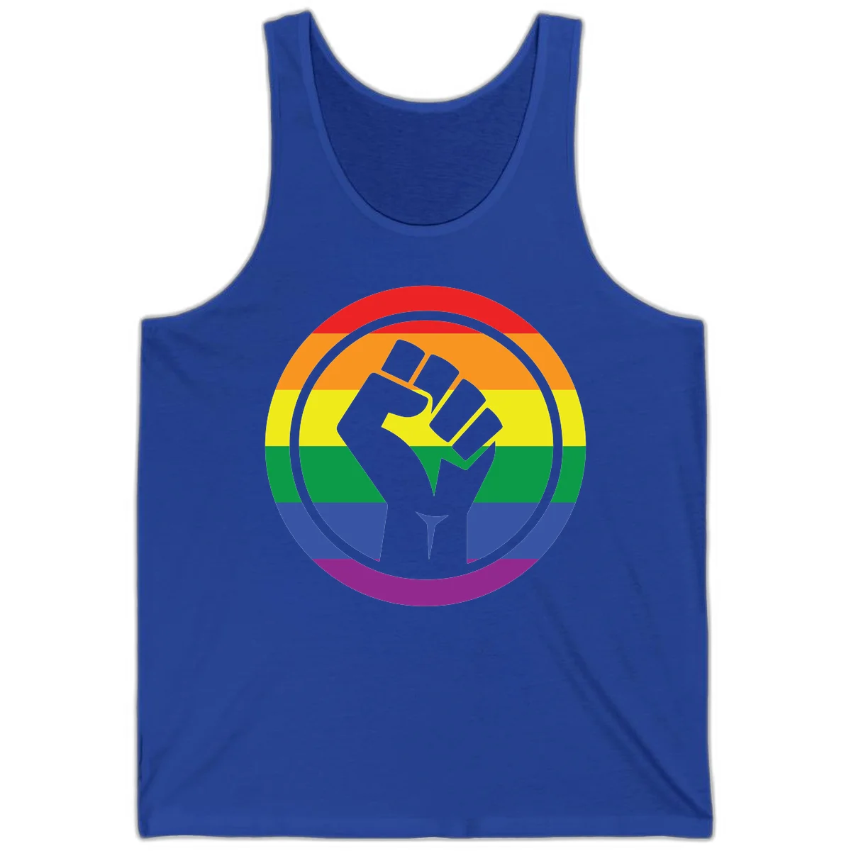 Raised fist silhouette on rainbow pride stripes within circular badge design symbolizing LGBTQ+ solidarity and activism in True Royal