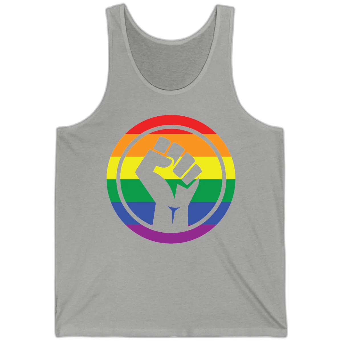 Raised fist silhouette on rainbow pride stripes within circular badge design symbolizing LGBTQ+ solidarity and activism in Athletic Heather