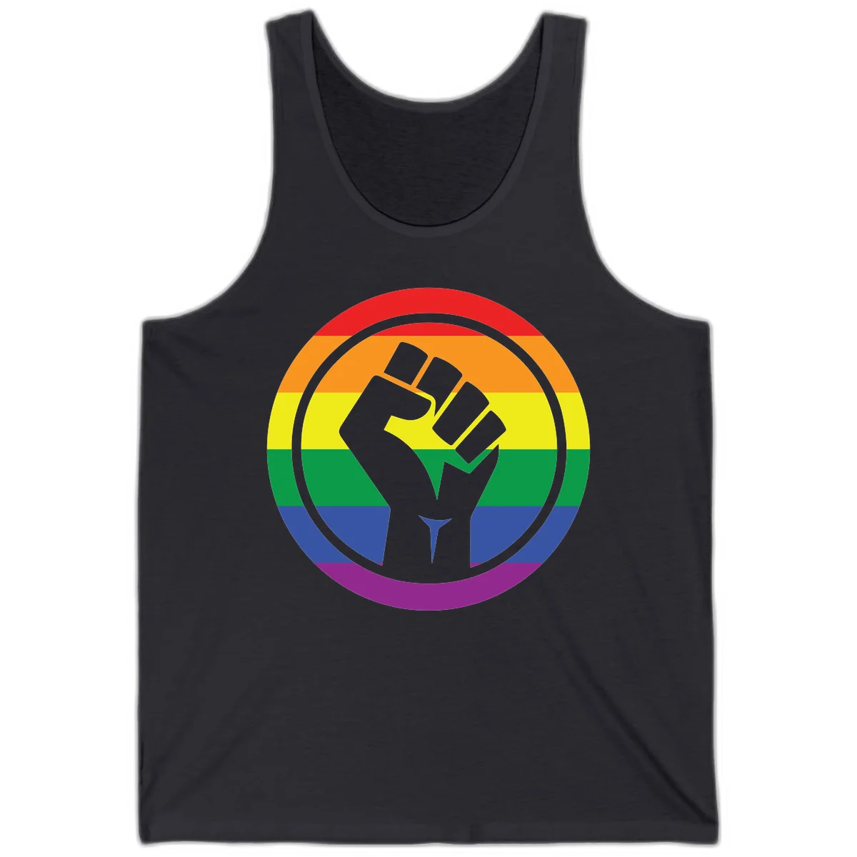 Raised fist silhouette on rainbow pride stripes within circular badge design symbolizing LGBTQ+ solidarity and activism in Dark Grey