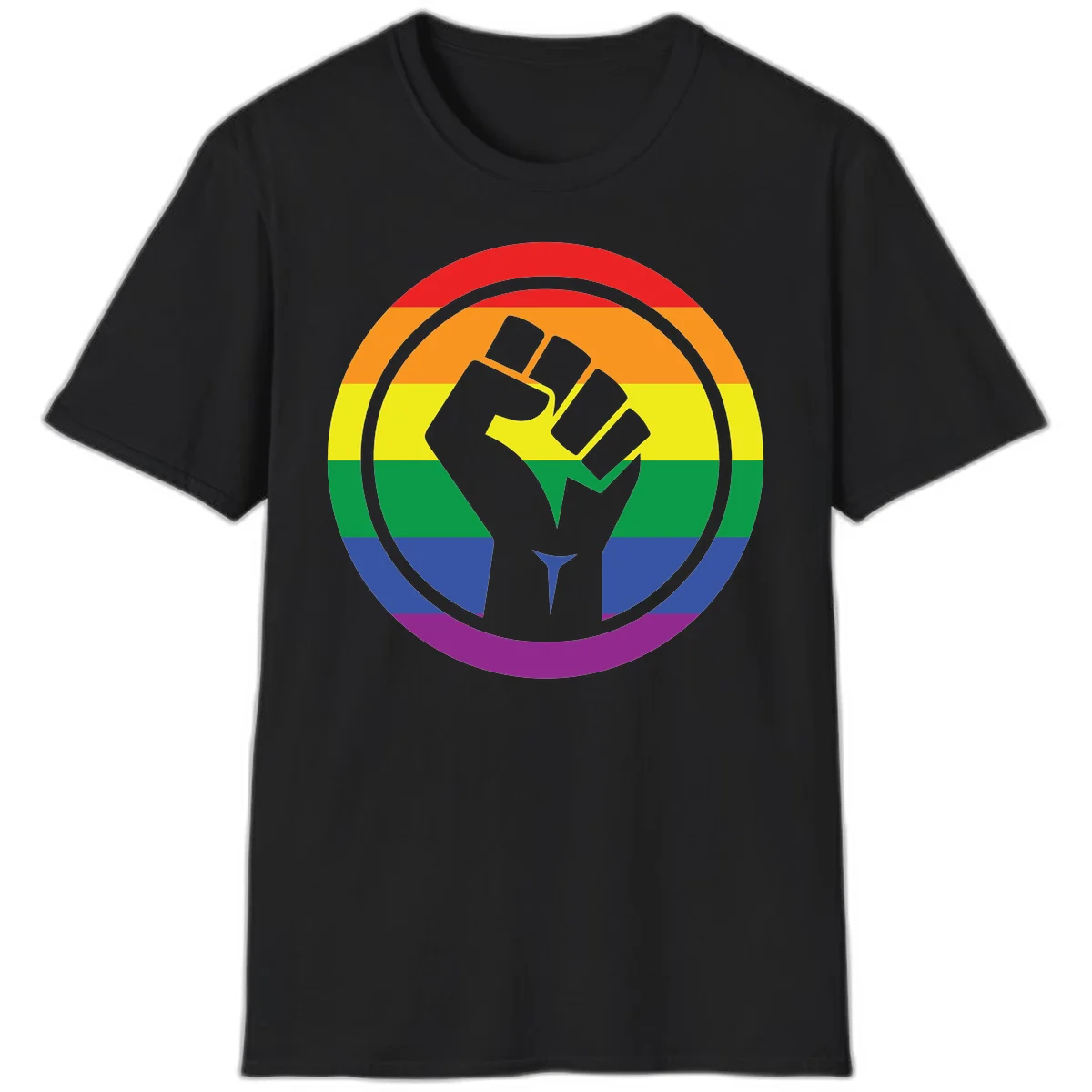 Raised fist silhouette on rainbow pride stripes within circular badge design symbolizing LGBTQ+ solidarity and activism in Black