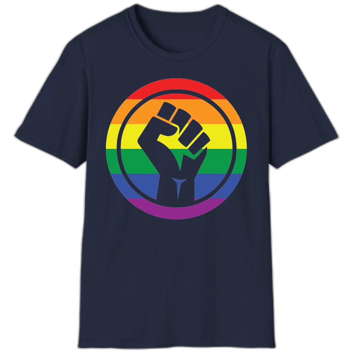 Raised fist silhouette on rainbow pride stripes within circular badge design symbolizing LGBTQ+ solidarity and activism in Navy
