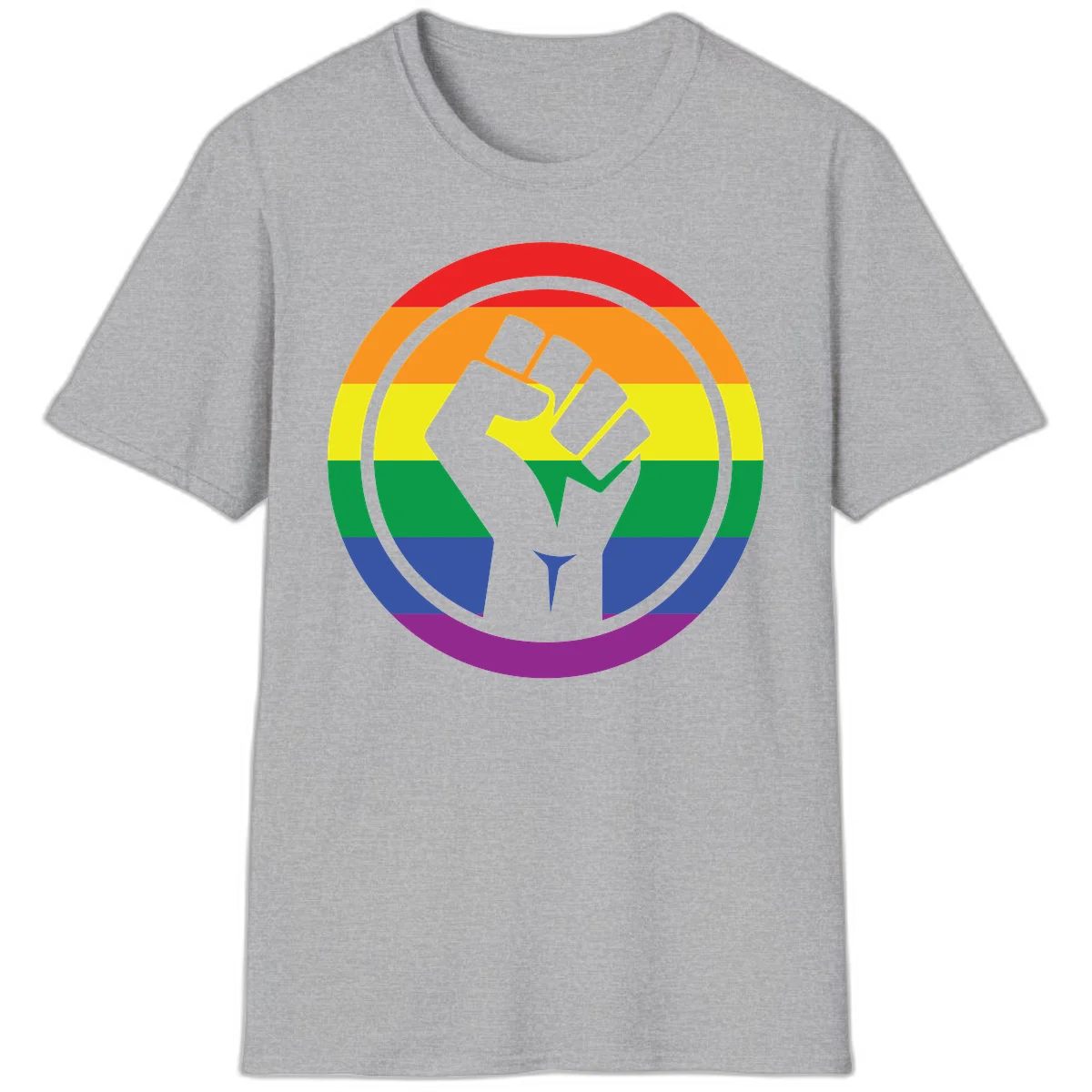 Raised fist silhouette on rainbow pride stripes within circular badge design symbolizing LGBTQ+ solidarity and activism in Sport Grey