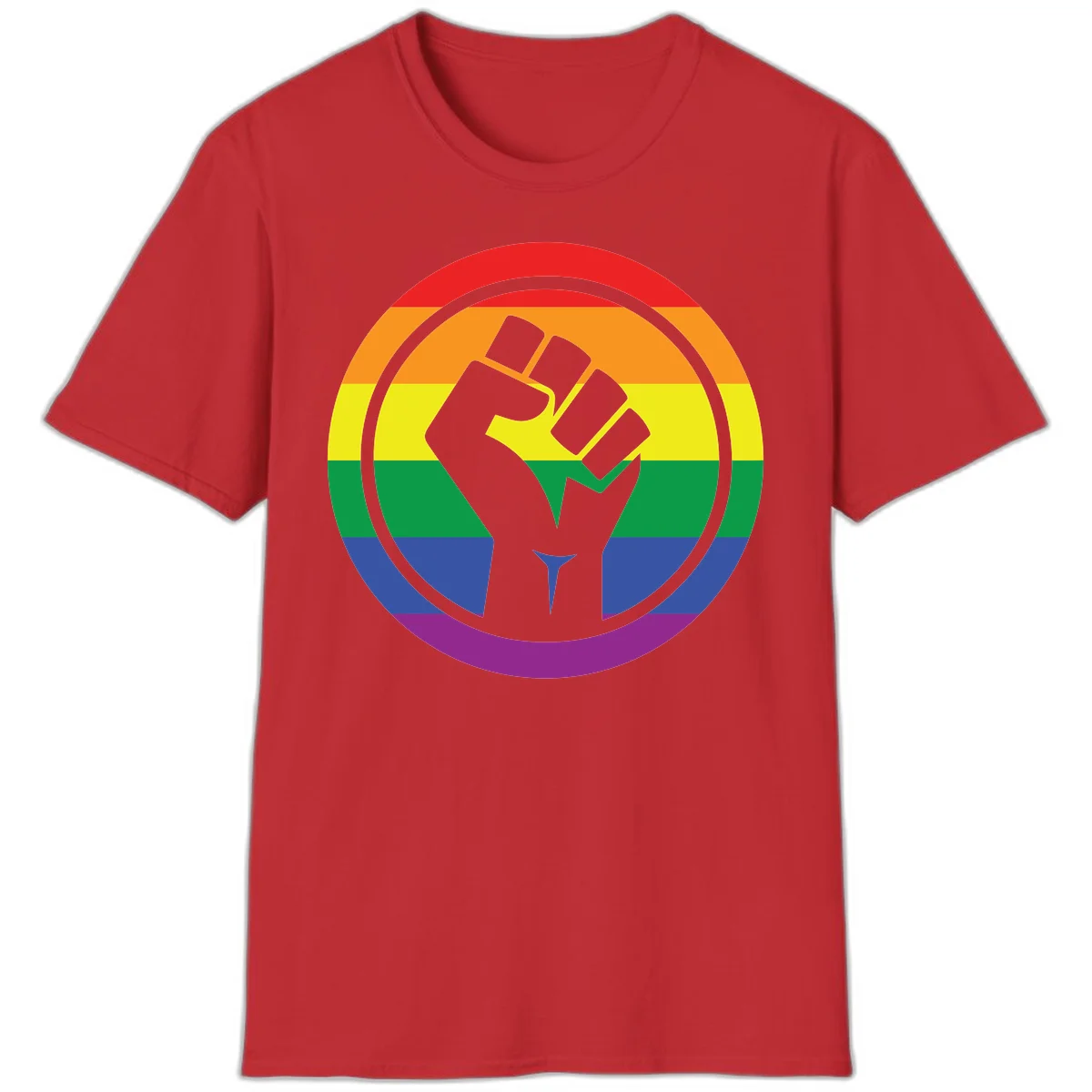 Raised fist silhouette on rainbow pride stripes within circular badge design symbolizing LGBTQ+ solidarity and activism in Red