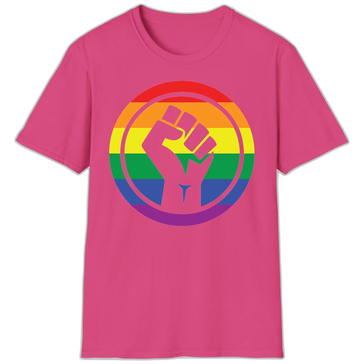 Raised fist silhouette on rainbow pride stripes within circular badge design symbolizing LGBTQ+ solidarity and activism in Heliconia