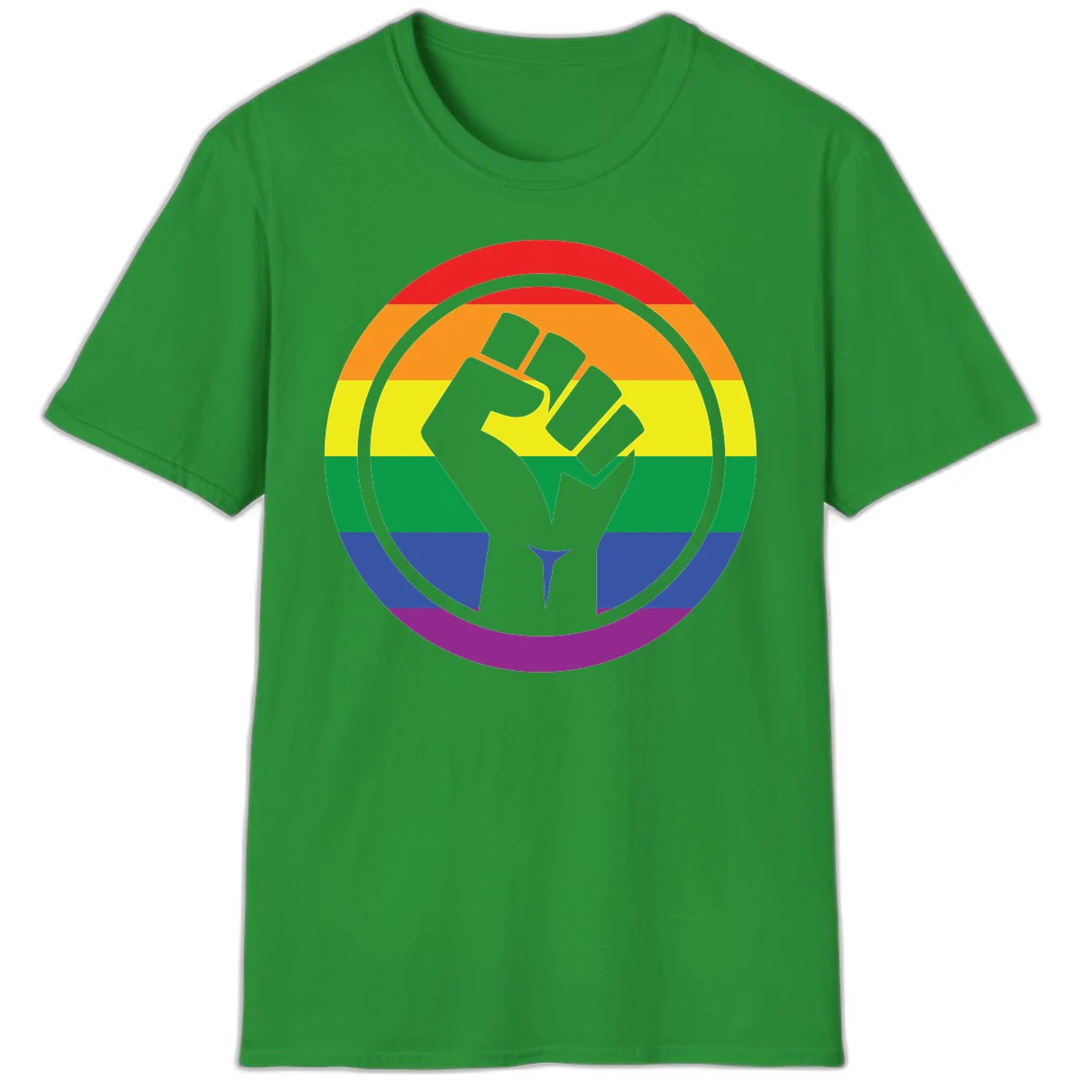 Raised fist silhouette on rainbow pride stripes within circular badge design symbolizing LGBTQ+ solidarity and activism in Irish Green