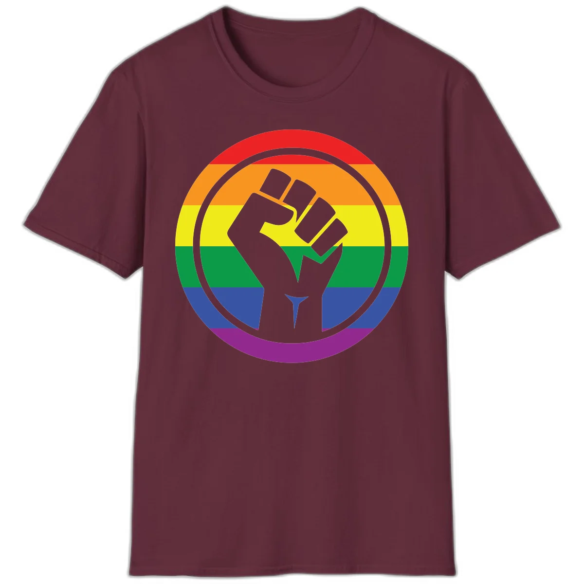 Raised fist silhouette on rainbow pride stripes within circular badge design symbolizing LGBTQ+ solidarity and activism in Maroon