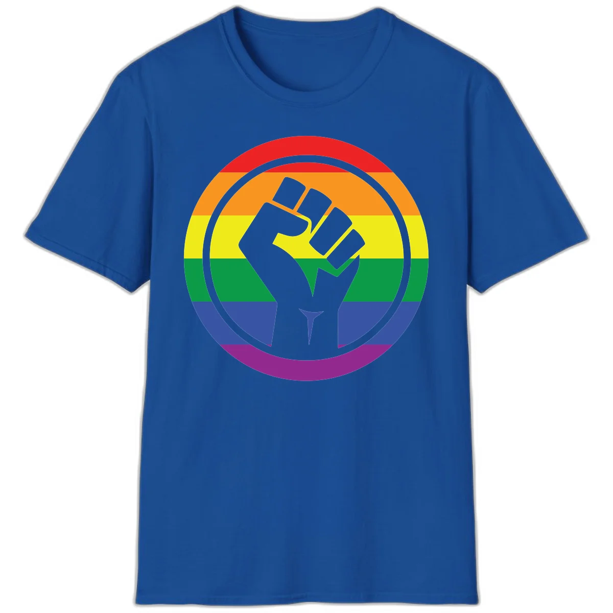 Raised fist silhouette on rainbow pride stripes within circular badge design symbolizing LGBTQ+ solidarity and activism in Royal