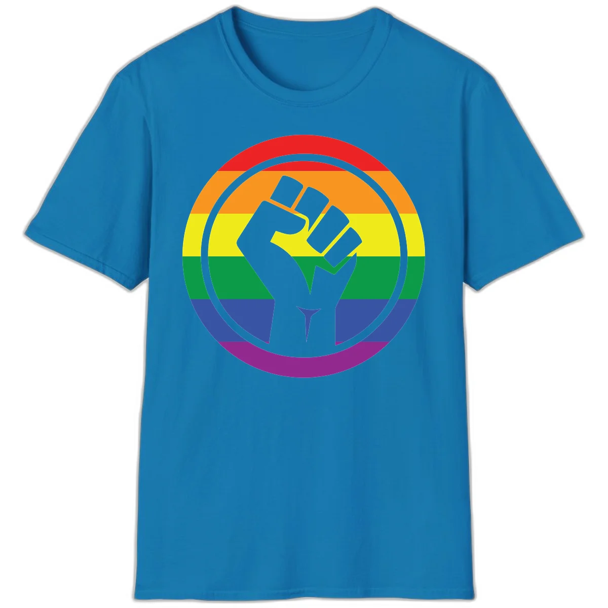 Raised fist silhouette on rainbow pride stripes within circular badge design symbolizing LGBTQ+ solidarity and activism in Sapphire