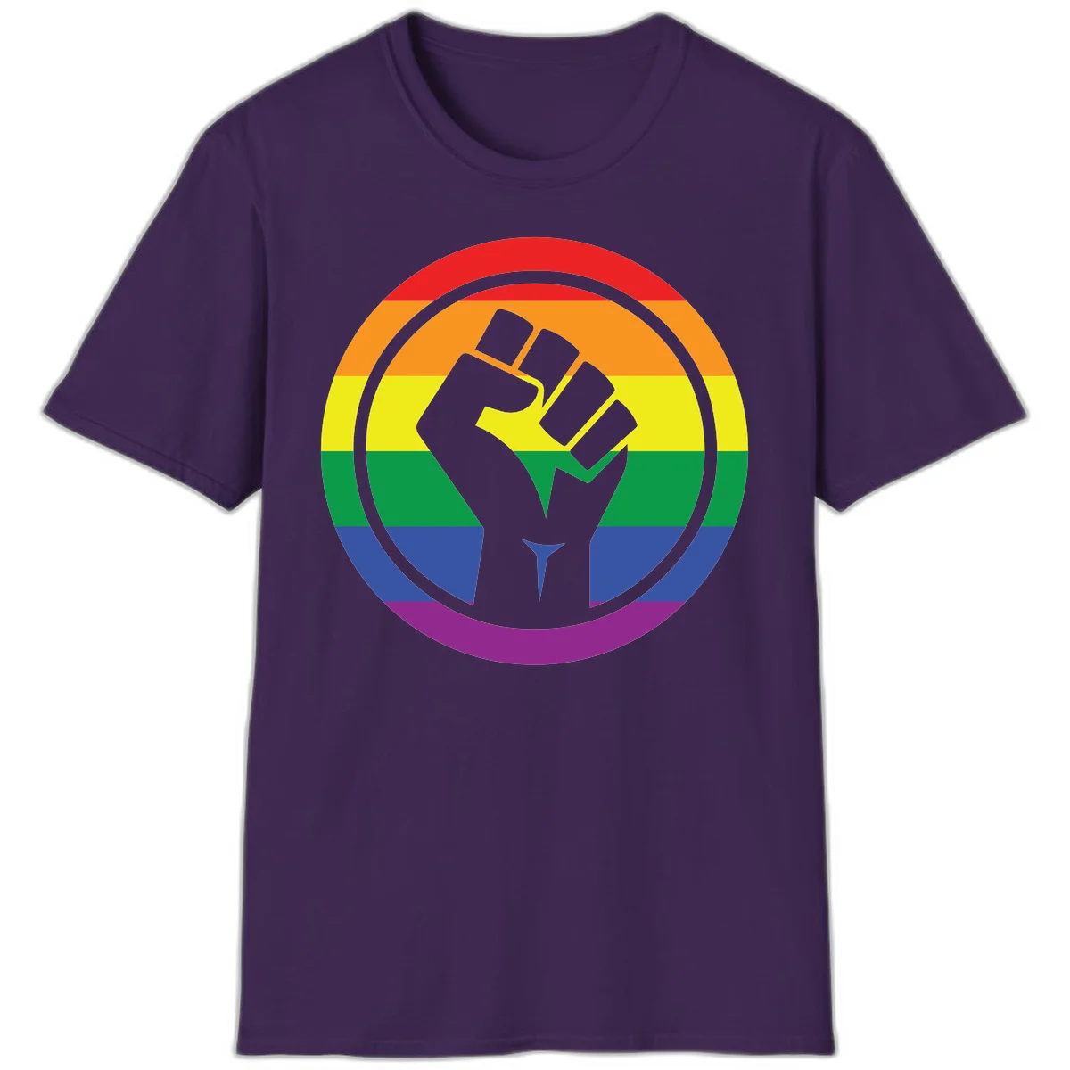 Raised fist silhouette on rainbow pride stripes within circular badge design symbolizing LGBTQ+ solidarity and activism in Purple