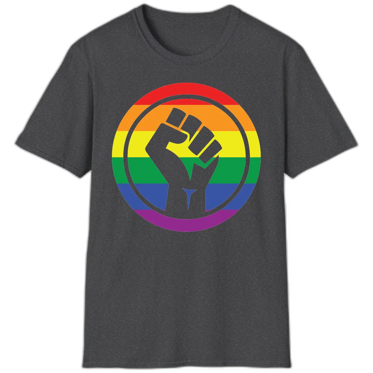 Raised fist silhouette on rainbow pride stripes within circular badge design symbolizing LGBTQ+ solidarity and activism in Dark Heather
