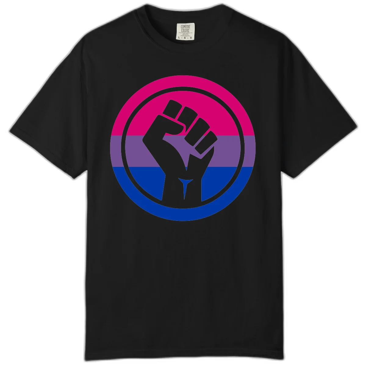 Raised fist silhouette in concentric circles with bisexual pride flag stripes in magenta, purple, and blue in Black