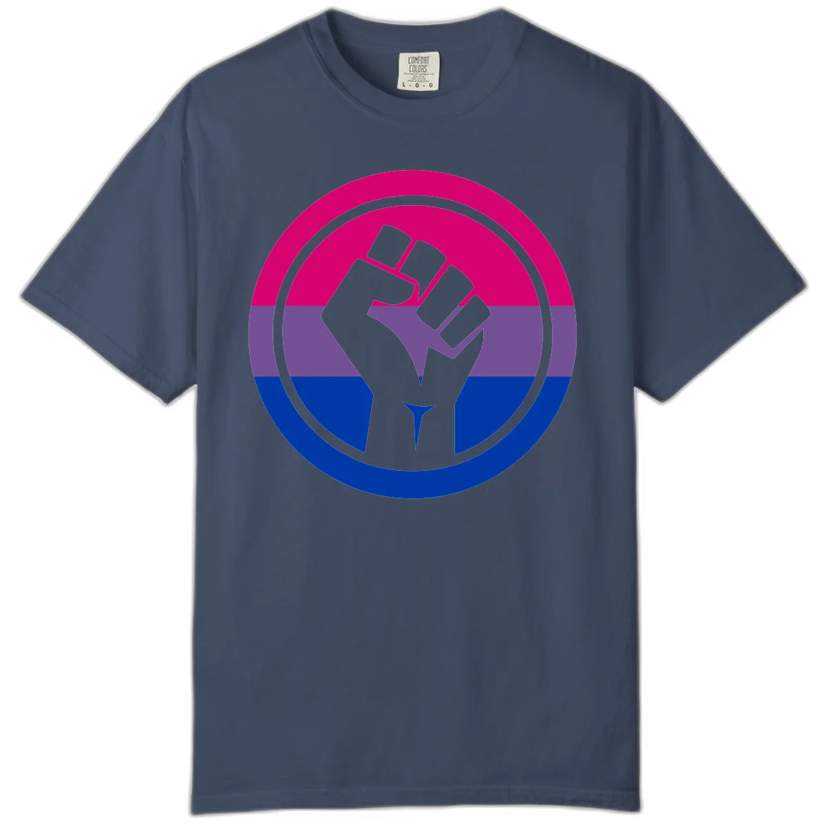 Raised fist silhouette in concentric circles with bisexual pride flag stripes in magenta, purple, and blue in Midnight