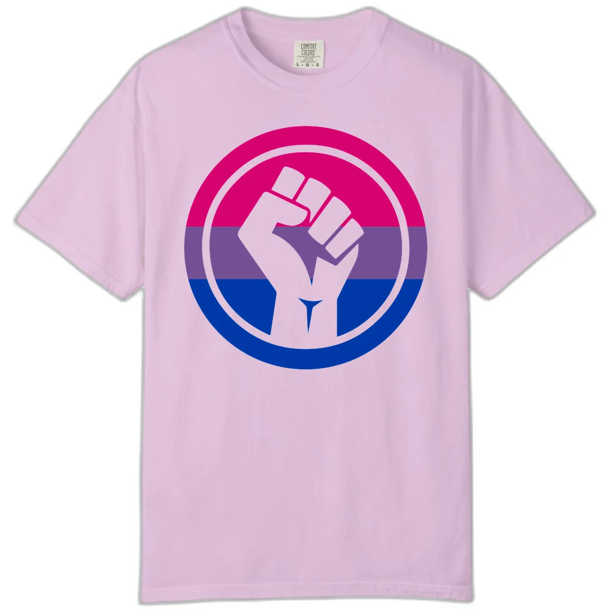 Raised fist silhouette in concentric circles with bisexual pride flag stripes in magenta, purple, and blue in Orchid