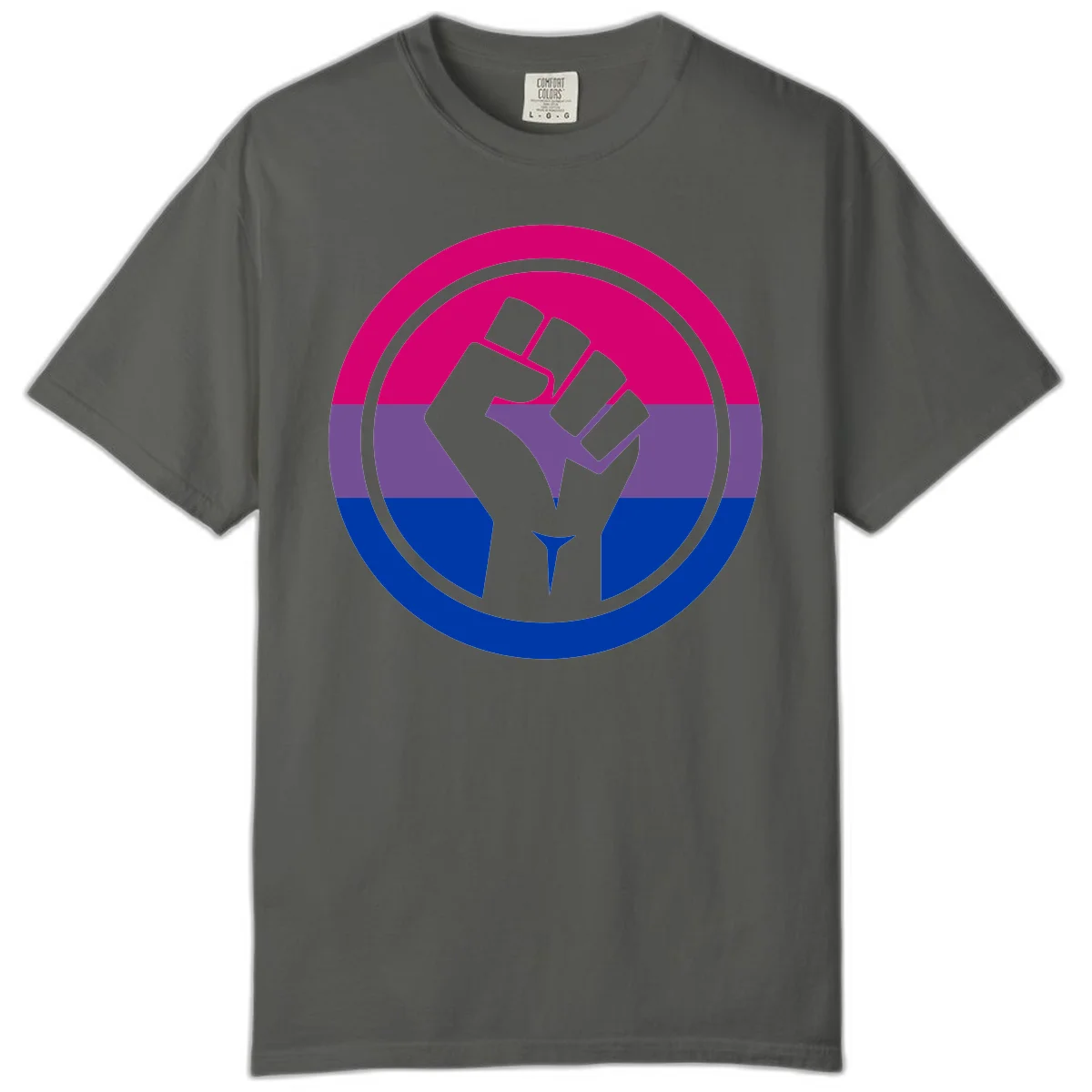 Raised fist silhouette in concentric circles with bisexual pride flag stripes in magenta, purple, and blue in Pepper